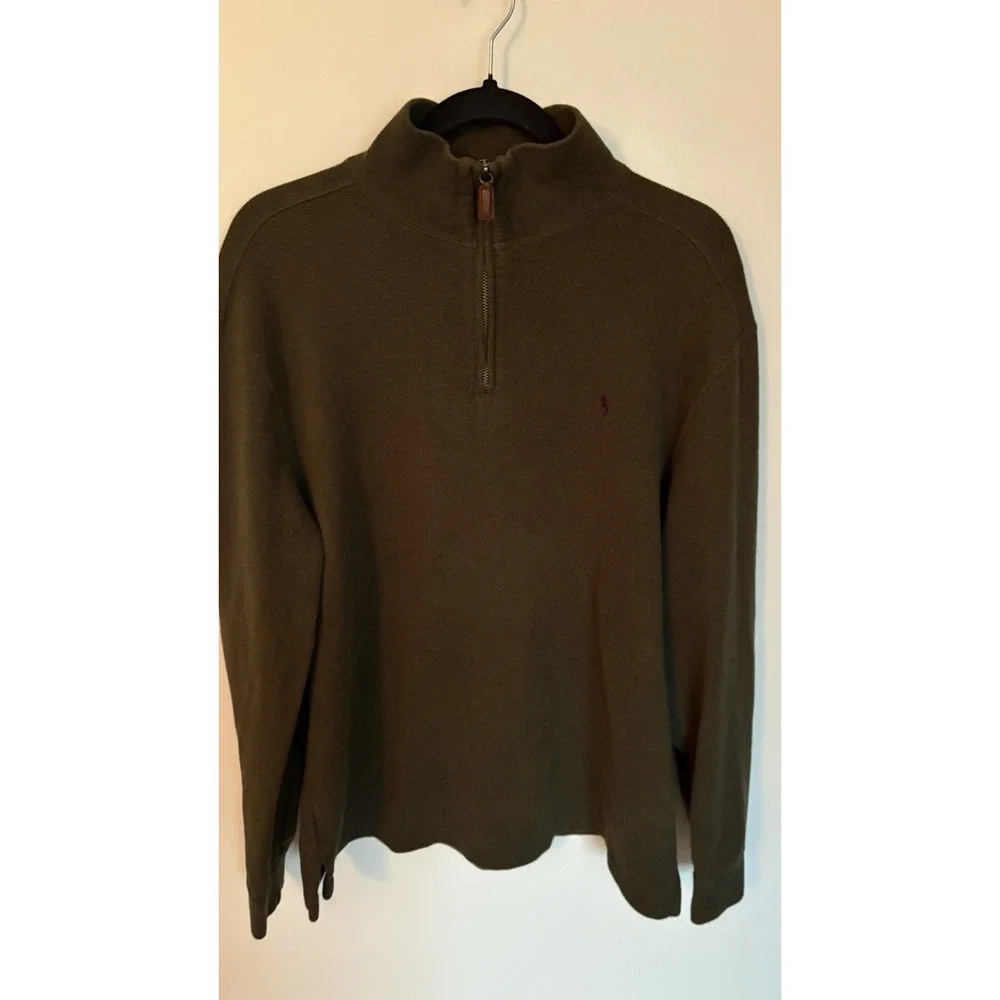 VTG 90s Polo Ralph Lauren Mens Sz L Olive Green Knit 1/4 Zip Sweater Purple Pony